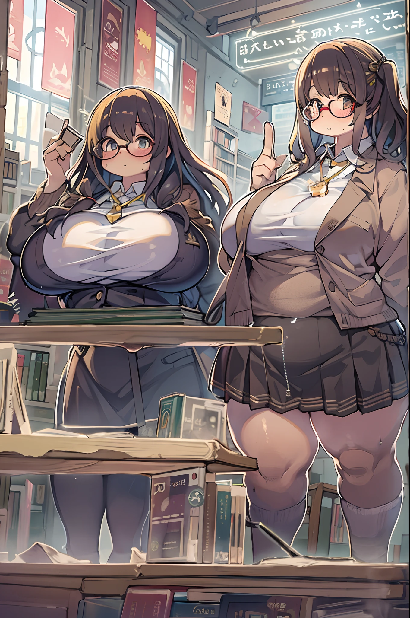 Huge library、1 librarian、One Woman、small round glasses、huge-breasted、(((((bbw)))))