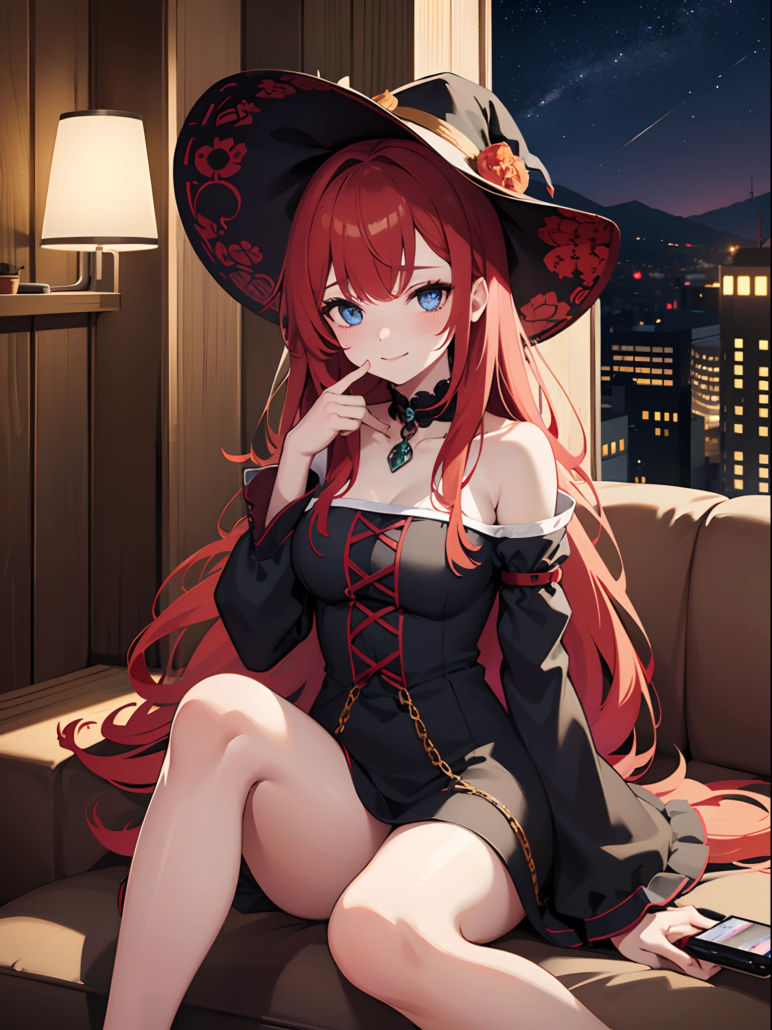 cute girl, witch, sitting in a couch, in love,vivid eyes, thin clothes, smilling, alone, night, gorgeous, intimate, messy hair, digital art, in a hut masterpiece, high details, modern, red hair, intricate, perfect face, traced lights, peace, sensual, embarassed.