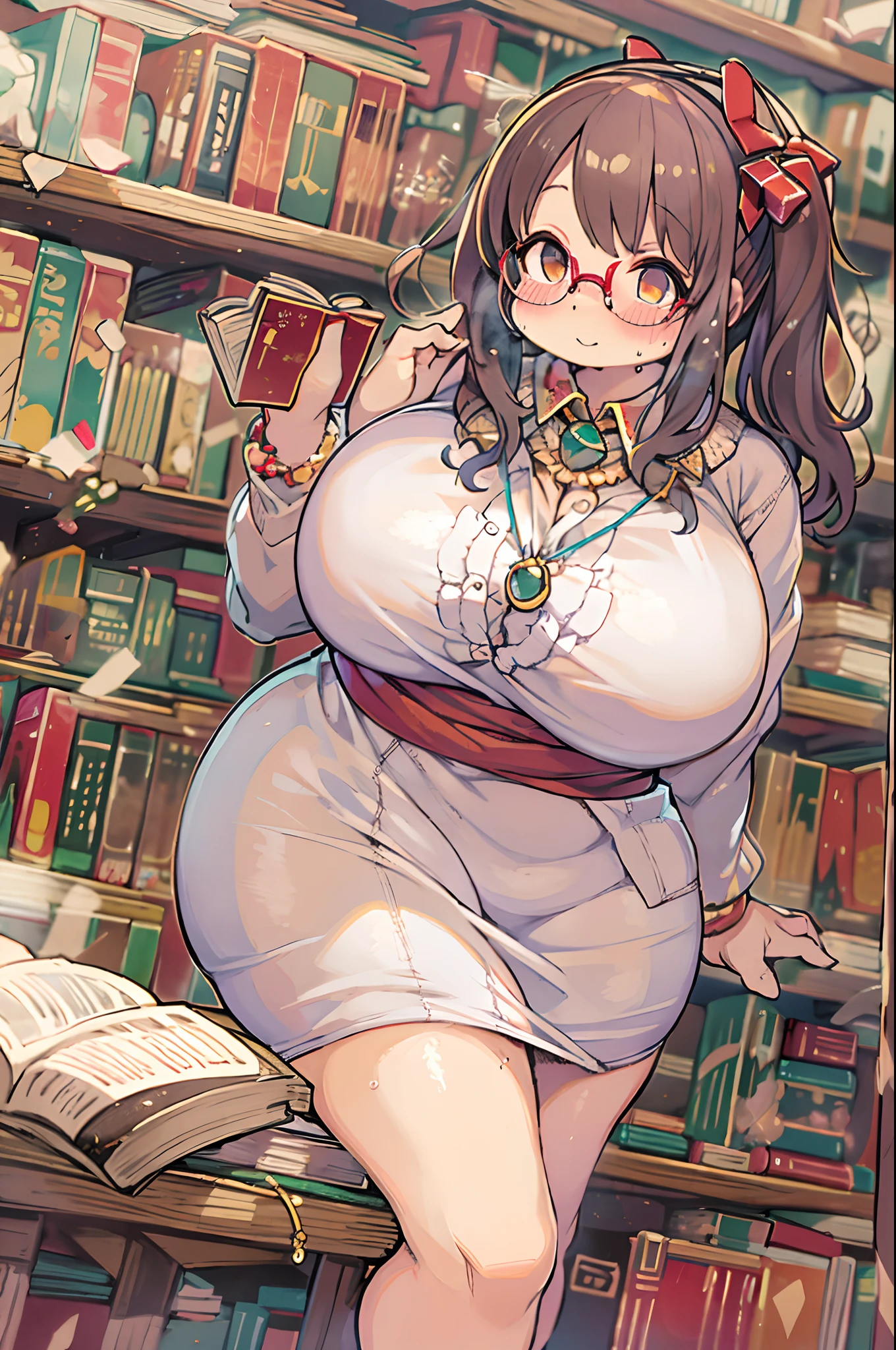 NSFW,Huge library、1 librarian、One Woman、small round glasses、huge-breasted、(((((bbw)))))、pantyshot 、 up skirt、from behind、Panchira,