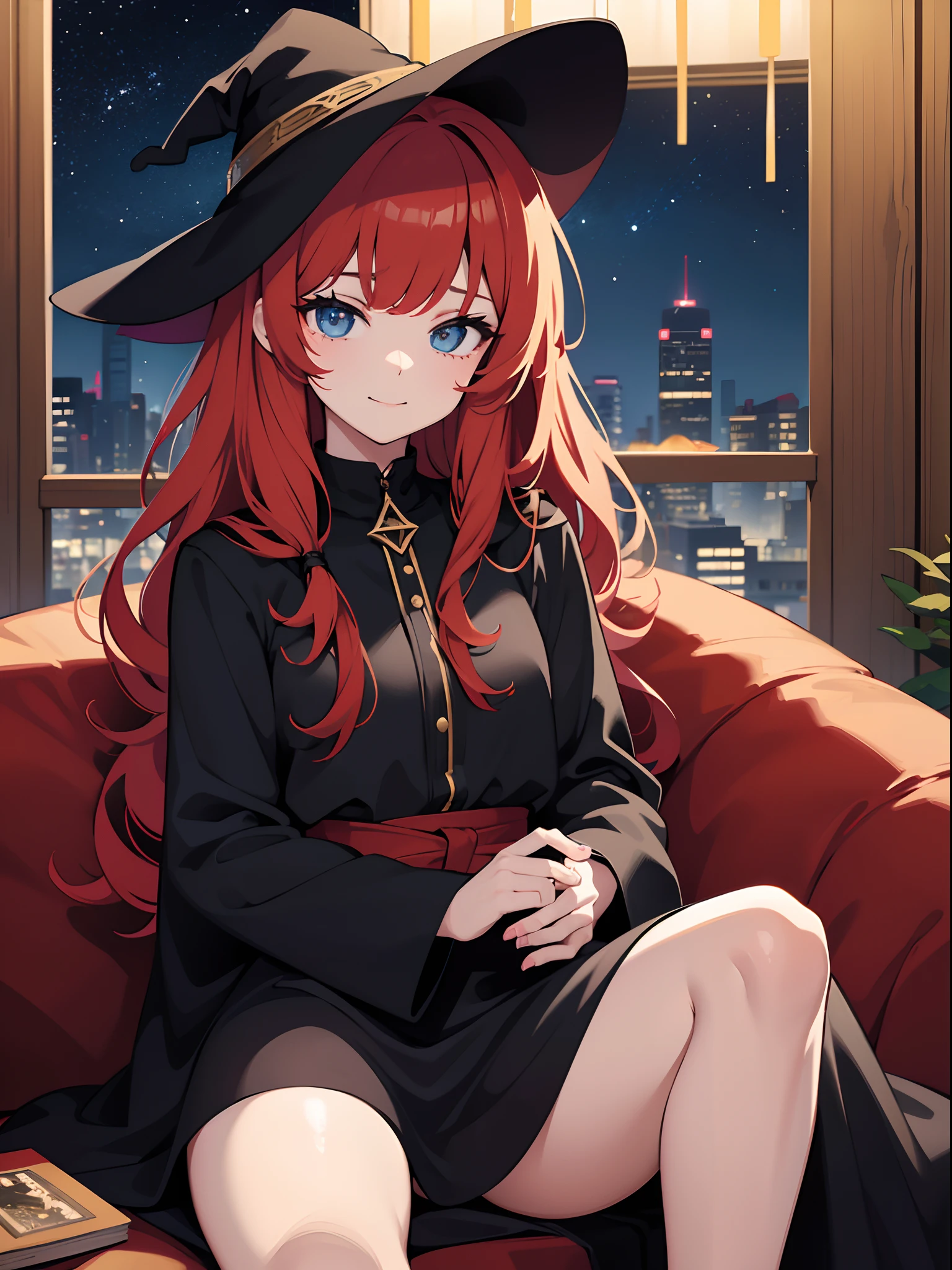 cute girl, witch, sitting in a couch, in love,vivid eyes, thin clothes, smilling, alone, night, gorgeous, intimate, messy hair, digital art, in a hut masterpiece, high details, modern, red hair, intricate, perfect face, traced lights, peace, sensual, embarassed.