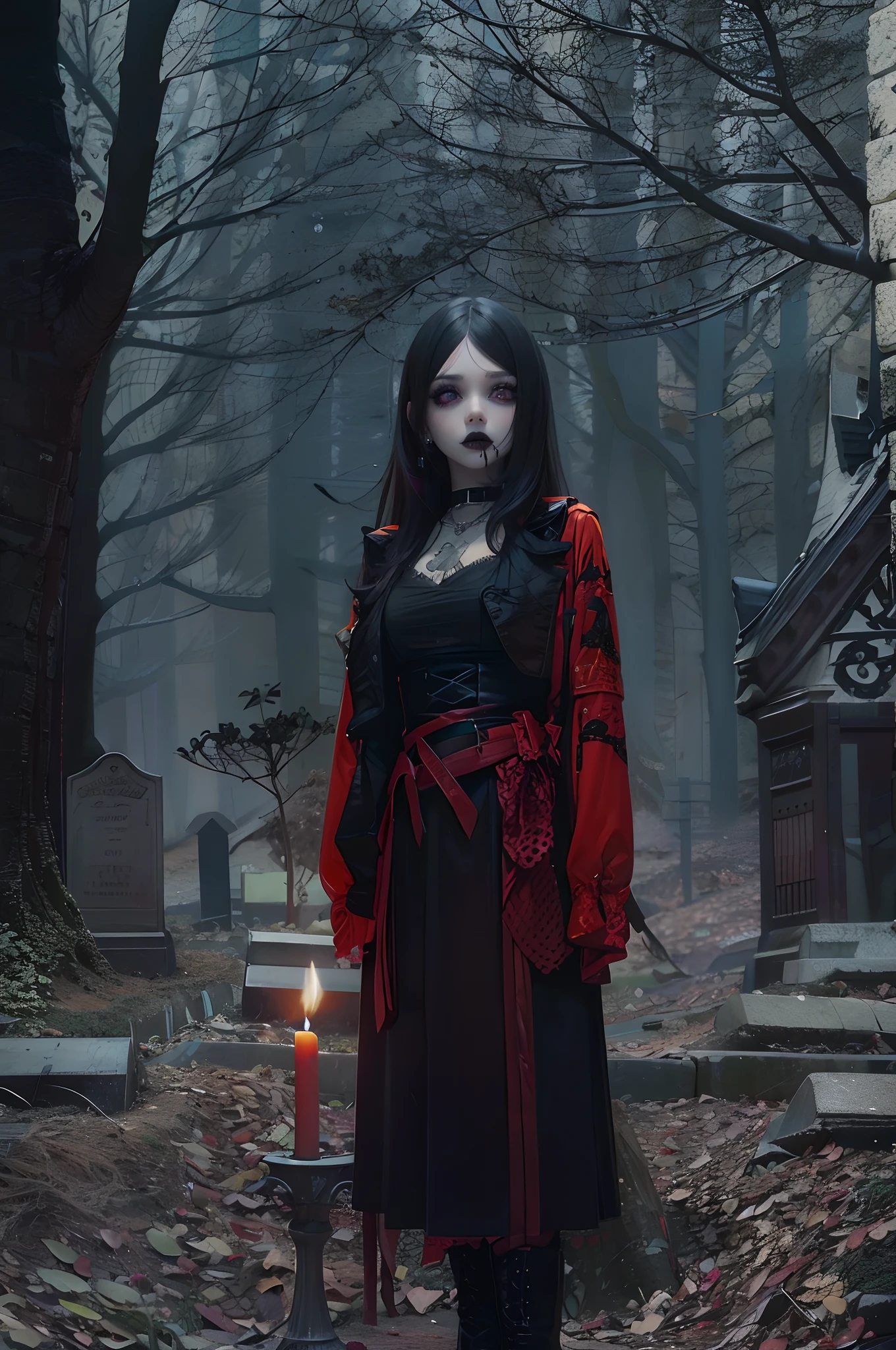 she、A woman with a pale face and white skin、Scary appearance with black eyes。Her mouth is covered in red lipstick and is torn open all the way to her ears.。Laughing while bleeding。long, Black Hair; she、Wearing a black dress。She&#39;s wearing a red coat over it., she恐ろしい見た目, she赤いベレー帽をかぶっています。Her eyes are black。The background is a horror-like black。Please show the whole body in the field of view。sheとても泣いている。Standing in red heels。The background is the Japanese countryside 40 years ago.。Dimly lit in the countryside at night、Creepy。she赤いベレー帽をかぶっています。she完全に後ろを向いている