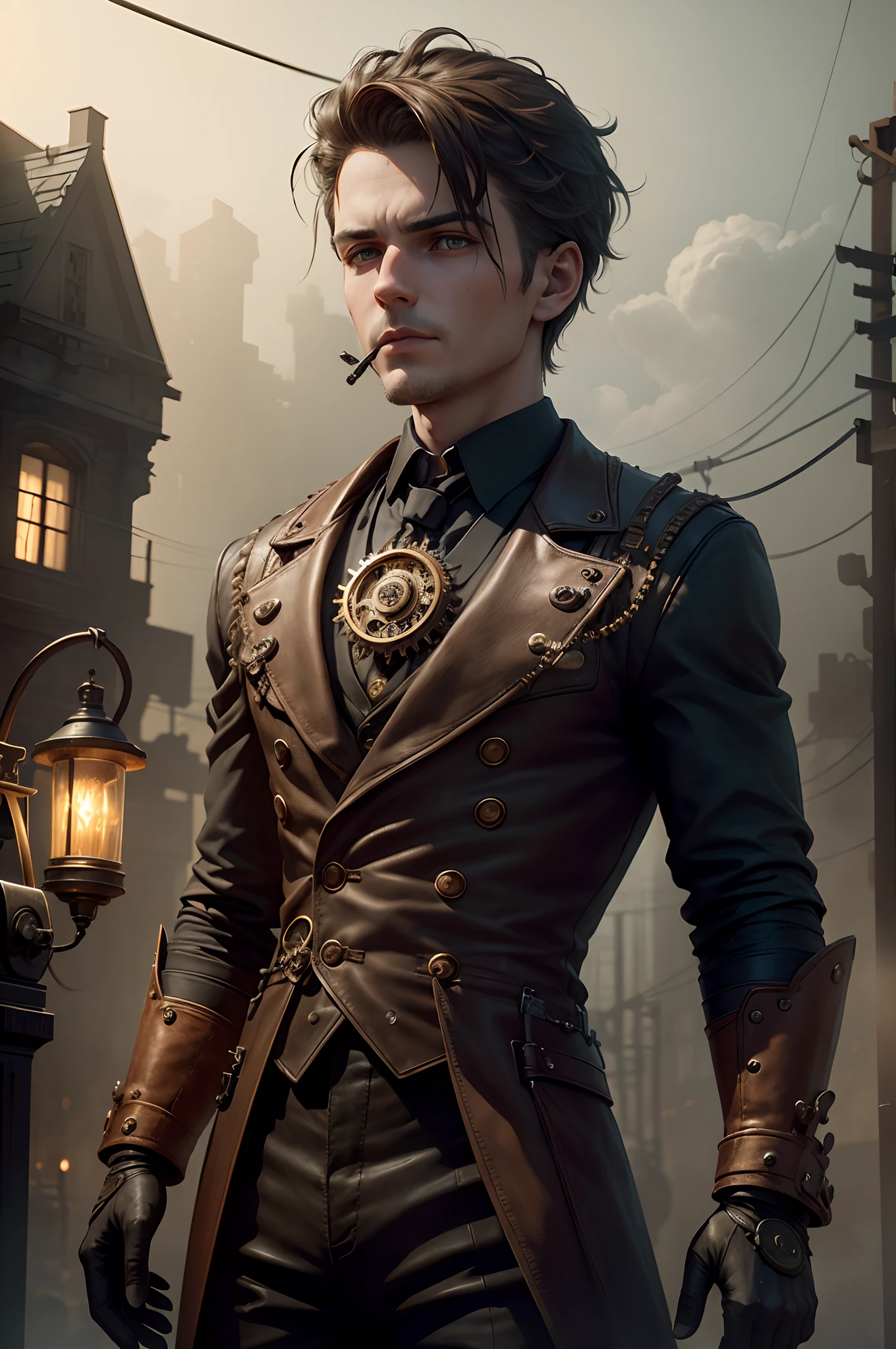 (Best Quality,Ultra-detailed,Realistic:1.37),dark and mysterious atmosphere,Steampunk style,gear wheel,gear wheel,metallic texture,Antique watches and clocks,Smoke and steam,Flickering gas lamps,tones of bronze and copper shades,,Shadows and Highlights,Contrasting light and darkness,Mechanical limbs and gears protruding from the body,Wires and cables,Creepy doll-like appearance,Dark abandoned factory setting,Fog and fog in the background,vivd colour