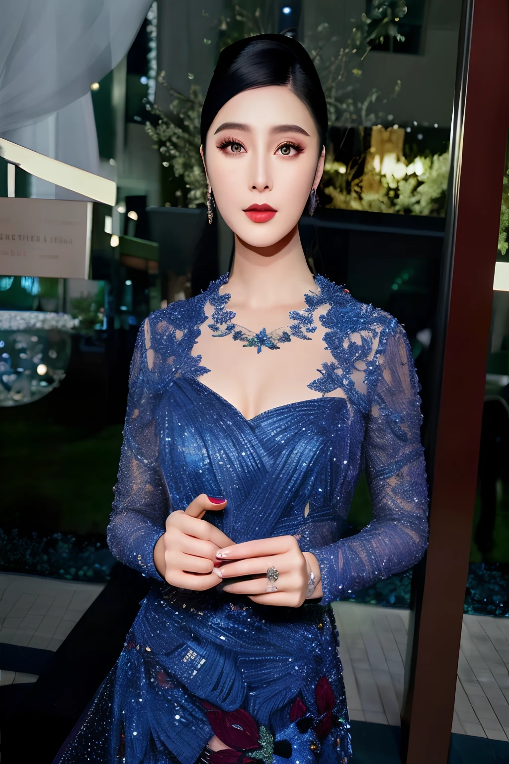 Masterpiece, high quality, 4K, beautiful design, shiny, from the front, award winning photo, extremely detailed, amazing, fine detail, absurdres, highly detailed woman, extremely detailed eyes and face, by lee jeffries nikon d850 film stock photograph 4 kodak portra 400 camera f1.6 lens rich colors hyper realistic lifelike texture dramatic lighting unrealengine trending on artstation cinestill 800 tungsten, solo, 1girl,
fanbingbing, a woman in a green dress, glitter on the dress, wearing fanbingbing fashion,floral embroidery, on a red carpet
