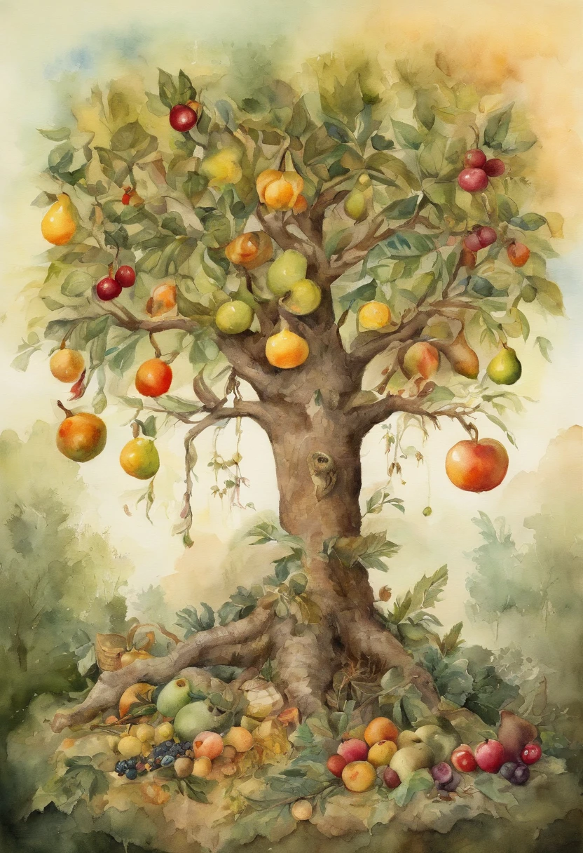 Depict a tree growing various currencies as fruits, with only a few people at the top enjoying the harvest while the majority struggles to reach the lower branches, symbolizing income inequality.