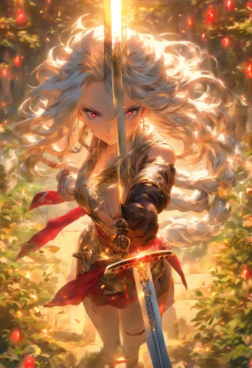 best quality, 1girl, silver hair, gold eyes, long hair, solo, beautiful, in the garden, historical fashion, standing, cool, with sword, ruby eyes, beautiful fingers, full body, photographed from below, bottom point of view