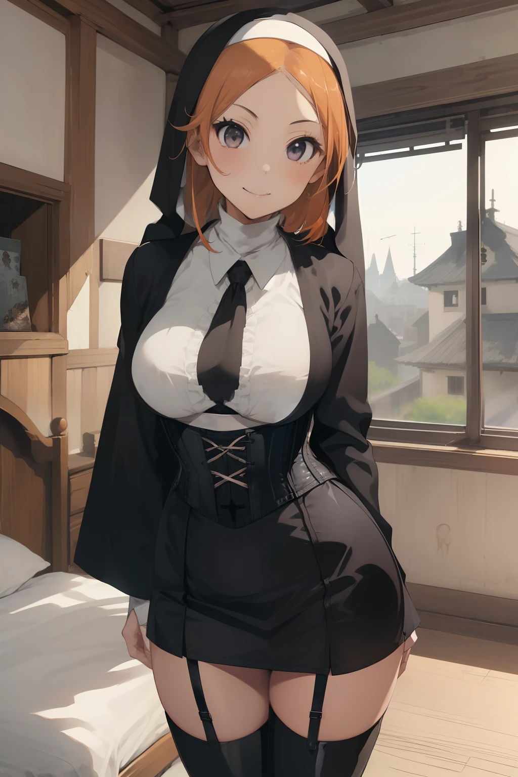 (masterpiece、top-quality、top-quality、Beautifully Aesthetic:1.2)、1 girl in、ighly detailed、highestdetailed、grey eyes、orange color hair|Semi-long blonde hair、((nun clothes))、(thigh-high socks)、Matsumoto Rangiku、graffiti art、Look at the viewer、A smile、Bedroom、on the beds、((a miniskirt))、(((Show underwear)))、((Black underwear))、((long boots))、((corsets))、(long robe)