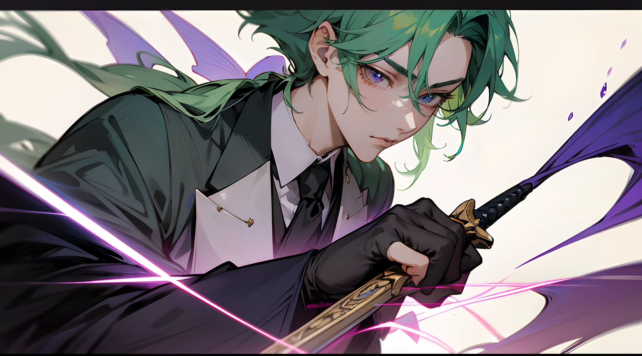a close up of a person in a suit and tie with a sword, beautiful androgynous prince, sakimichan frank franzzeta, delicate androgynous prince, heise jinyao, handsome guy in demon slayer art, casimir art, zhongli from genshin impact, range murata and artgerm, keqing from genshin impac, green hair
