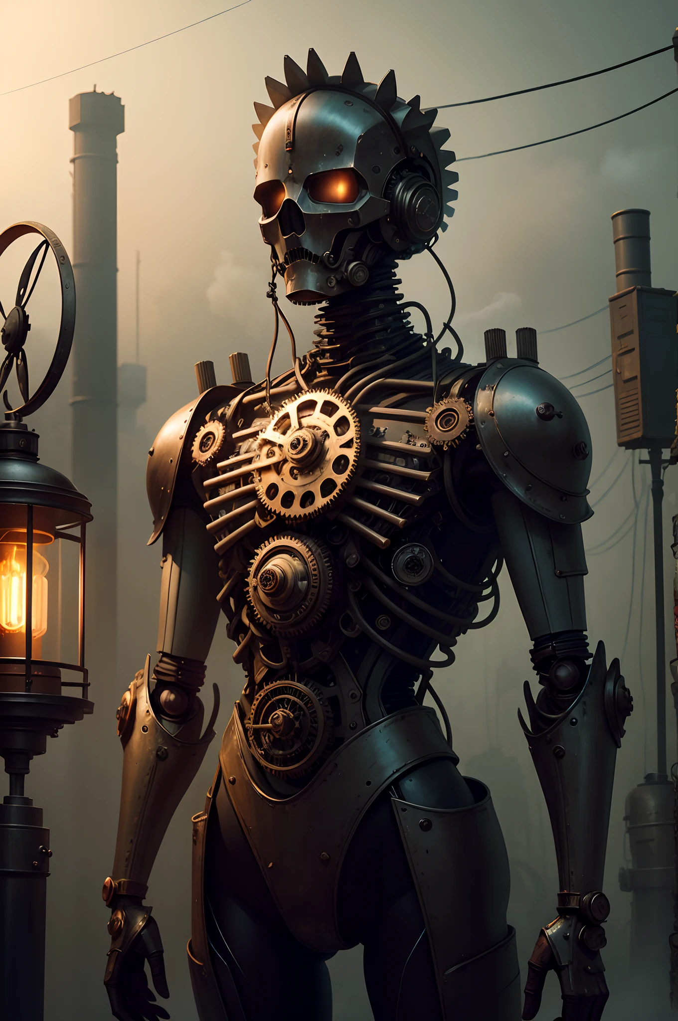 Mechanical human creature, gears, wires, metal plating, clock gears, electric wires, head not metal, heart exposed, limbs are mechanical, industrial body, metal skin, electricity, detailed face features, copper tubing, steam powered, photorealistic, 8k, high resolution, Handyman from Bioshock Infinite