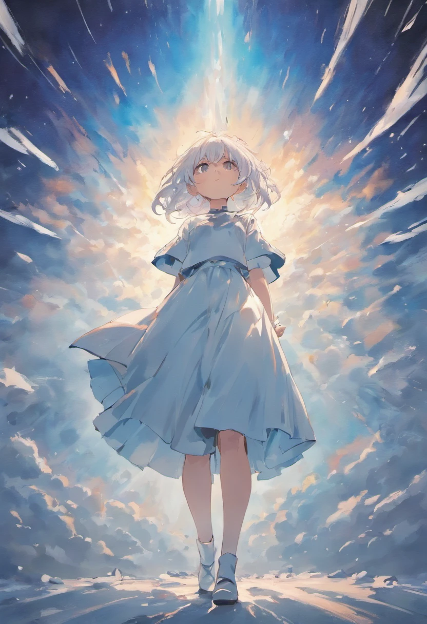 A person, dressed in white, stands on white ground, looking up at the sky with intense fear and tension. Books are flying through the air, swirling around the person , Ink and watercolor painting , masterpiece, best quality, ultra-detailed, illustration