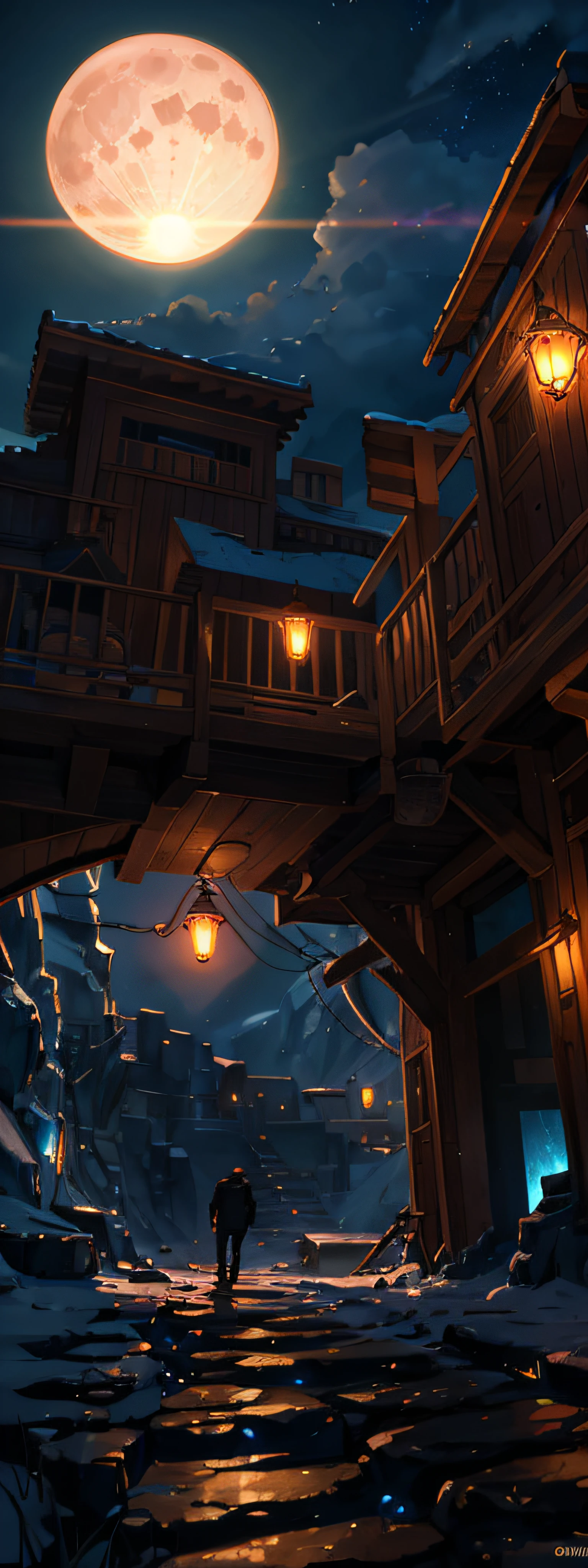 expansive landscape photograph , (a view from below that shows sky above and town on bottom), a man standing near the town on mountain, (full moon:1.2), ( shooting stars:0.9), (nebula:1.3), distant mountain, tree BREAK production art, (warm light source:1.2), (Firefly:1.2), lamp, lot of purple and orange, intricate details, volumetric lighting, realism BREAK (masterpiece:1.2), (best quality), 4k, ultra-detailed, (dynamic composition:1.4), highly detailed, colorful details,( iridescent colors:1.2), (glowing lighting, atmospheric lighting), dreamy, magical, (solo:1.2)
