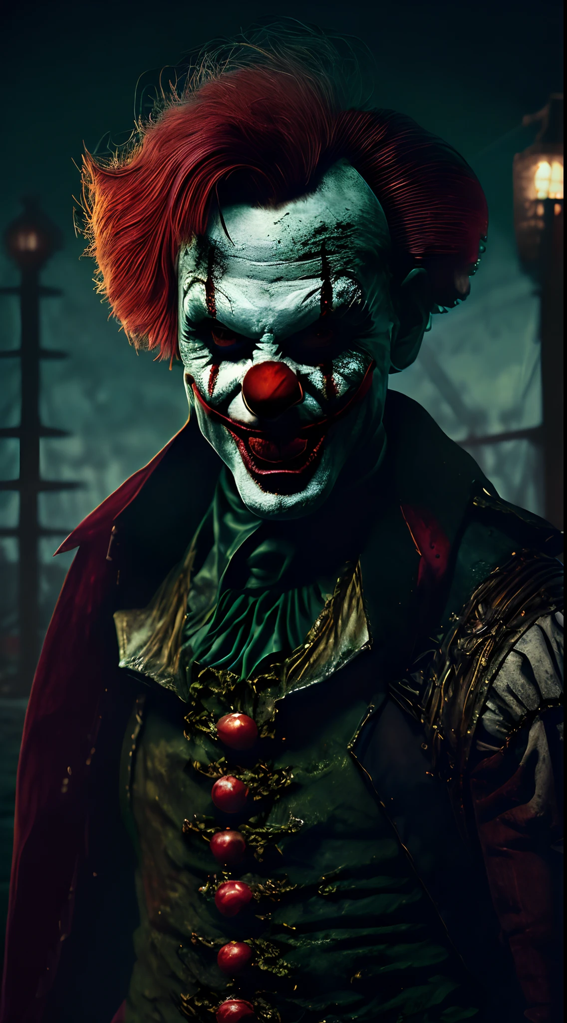 Create an extremely detailed illustration of a killer clown in an abandoned amusement park setting during the night (Environment: Abandoned Amusement Park at Night). The clown has disheveled green hair (Hair: Disheveled Green), menacing deep-red eyes (Eyes: Deep Red), a creepy mouth with sharp teeth (Mouth: Creepy with Sharp Teeth), and is dressed in a torn and blood-stained clown costume (Attire: Torn and Blood-Stained Clown Costume). The illustration should be done in a dark and realistic style (Style: Realistic), emphasizing macabre details. Use dark colors and sinister lighting (Lighting: Sinister). This image will be used to create stickers (Purpose: Sticker) and needs to be vector-based (Vector).