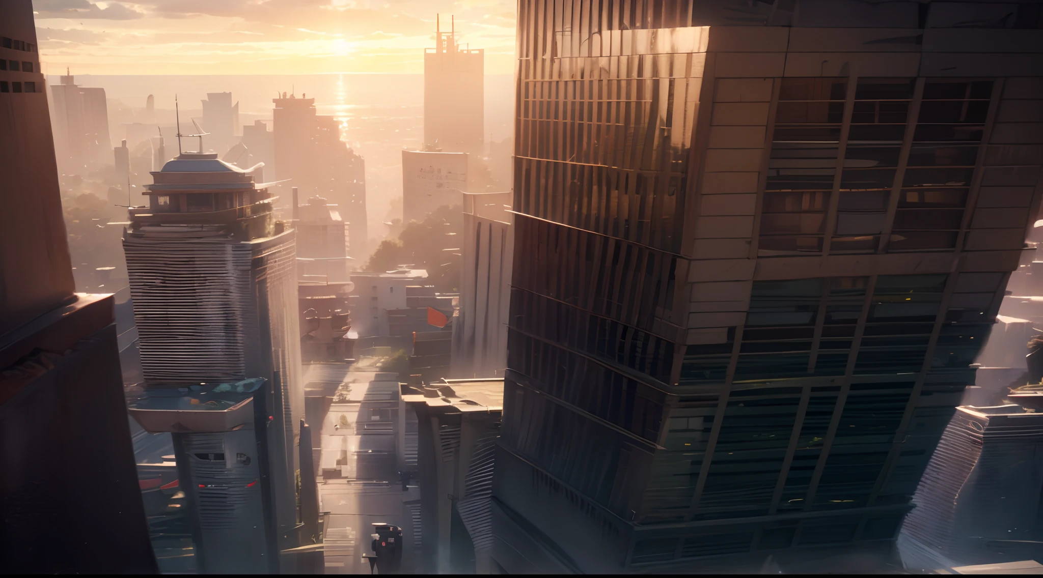 an image that depicts a scene from a futuristic Earth. The perspective of this image is from a human standing on the 90th floor gallery of a skyscraper. This person is looking out over a wide view of the city.The time depicted in the image is around 4-5 PM during the day. The weather is clear, and the sun is shining through the clouds, casting light over the city.The city itself is filled with high-tech skyscrapers. These aren’t just cold, steel structures though - they’re connected with nature, creating a harmonious blend of advanced technology and natural beauty.