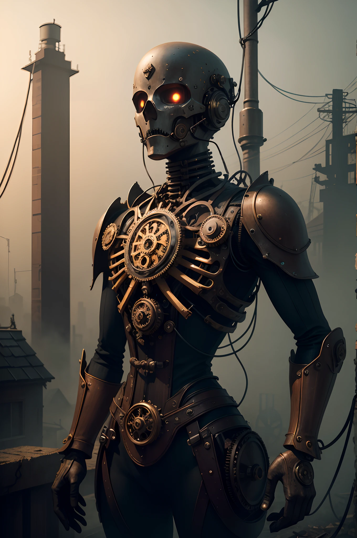 vivd colour、(Best Quality,Ultra-detailed,Realistic:1.37),dark and mysterious atmosphere,Steampunk style,gear wheel,gear wheel,Metallic texture,Antique Clock,Smoke and steam,Flickering gas lamps,tones of bronze and copper shades,,,Shadows and Highlights,Contrasting light and darkness,Mechanical limbs and gears protruding from the body,Wires and cables,Creepy doll-like appearance,Dark abandoned factory setting,Fog and background fog.