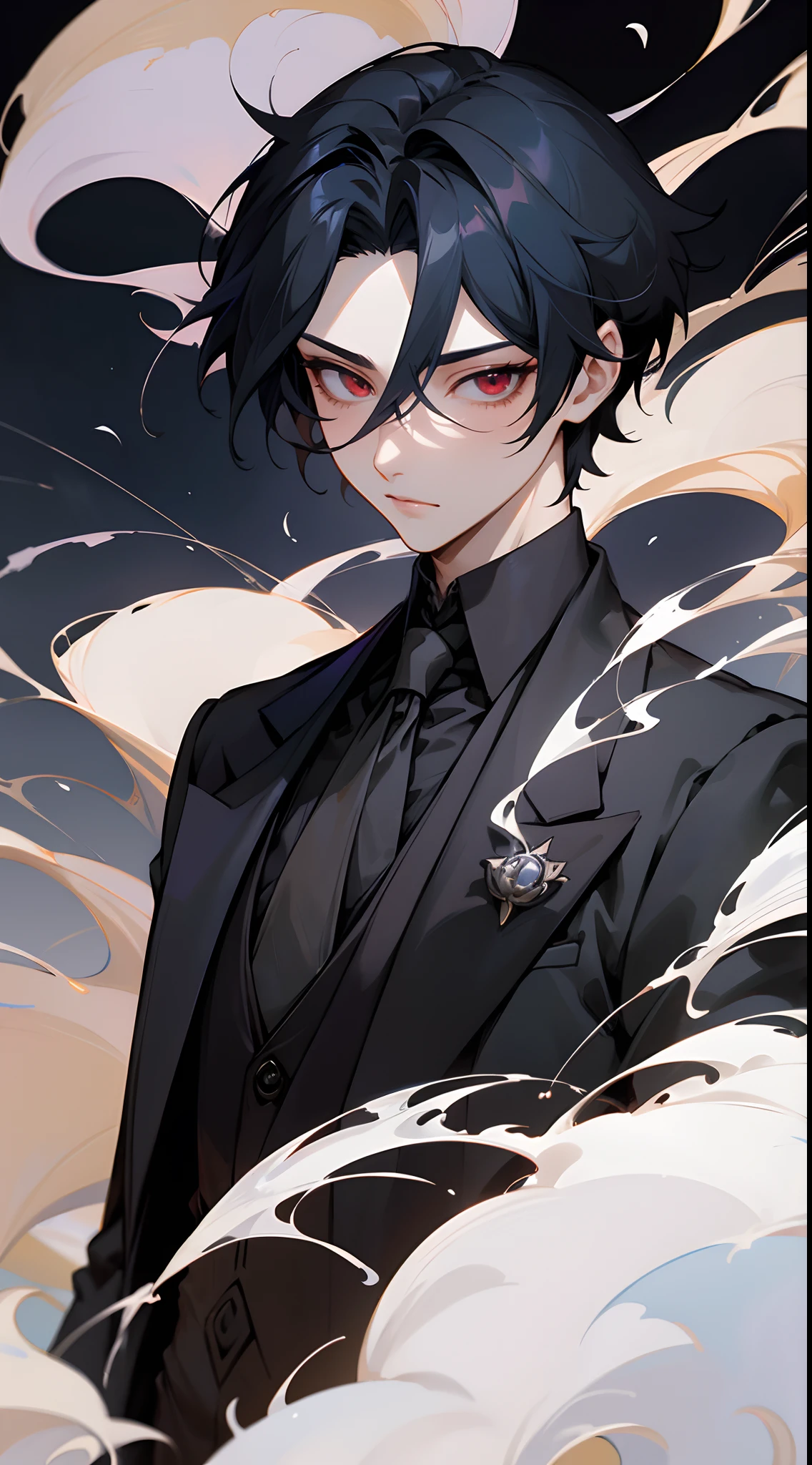 a close up of a person in a suit and tie, splash color, beautiful androgynous prince, sakimichan frank franzzeta, delicate androgynous prince, heise jinyao, handsome guy in demon slayer art, casimir art, zhongli from genshin impact, range murata and artgerm, keqing from genshin impac, long black hair, red eyes, smoke effect