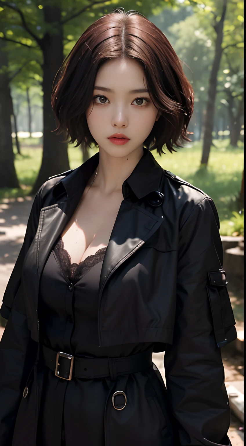 rage face,(a black trench coat:1.3) , ((best qualtiy, 8K, tmasterpiece: 1.3)), Sharp focus: 1.2, (layer cut, The large: 1.2), Beautiful Women in Perfect Figure: 1.4, Slender abs: 1.2, Get wet: 1.5, Very detailed face and skin texture, Detailed eyes, 二重まぶた, (Short burgundy hair:1.3),Among the woods