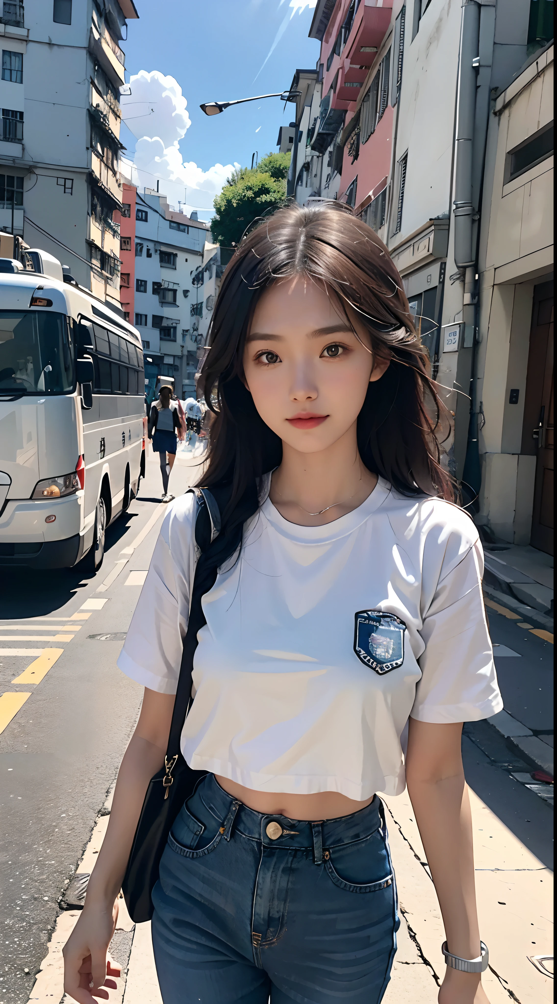 2girls,16-year-old girl strolling at a zebra crossing traffic light on a street in Hong Kong，Extreme light and shadow，Aurora chase，Extremely strong reflected light，Extreme shadows，Town，blue-sky，warm sunlight，enjoying life，Healing pictures，（Smile 0.8）（Upper body close-up 1.2）（Great view 1.2）（Clean background 1.2）（Delicate facial features1.3）（Perfect body 1.3）（Flat chest 1.1）（Global illumination 1.2）（Surreal scenario 1.3）（Focal length 70-200）（Wear denim suspenders 1.2）（Double ponytail 1.3）（Cute red border sunglasses 1.3）（Playful cute shape 1.3），rendering by octane，CGSociety trends，Super sharp，highly intricate detail，realistic raytraicing，（（hyper realistic detailed））（Ultra-delicate eye structure 1.3）（There is reflected light in the eye1.3）（Body tilt 1.2）Simulated camera