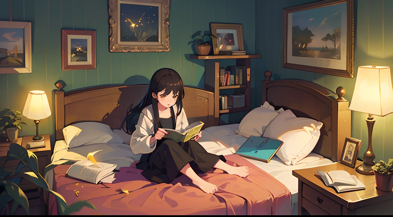 cartoon girl reading a book in her bed in a room with lights, cozy wallpaper, relaxing concept art, cozy environment, lofi art, cozy atmosphere, cozy room, cozy atmospheric, cozy place, lofi artstyle, dreamy illustration, pleasant cozy atmosphere, cozy night fireflies, lofi, cute detailed digital art, cozy home background, anime background art
