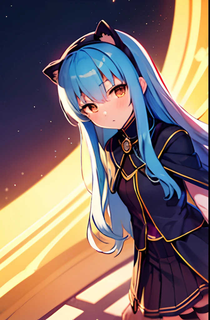 1girl, animal_ears, bad_id, bad_pixiv_id, blue_hair, blush, brown_eyes, cape, castle, cat_ears, crescent_moon, eiyuu_densetsu, ferris_wheel, fireworks, francis_de_lariatte, highres, long_hair, moon, night, night_sky, open_mouth, skirt, sky, solo, thighhighs, tio_plato, zero_no_kiseki