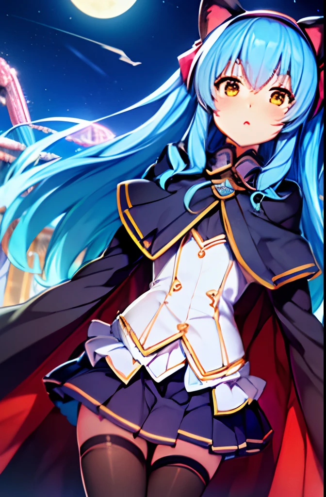 1girl, animal_ears, bad_id, bad_pixiv_id, blue_hair, blush, brown_eyes, cape, castle, cat_ears, crescent_moon, eiyuu_densetsu, ferris_wheel, fireworks, francis_de_lariatte, highres, long_hair, moon, night, night_sky, open_mouth, skirt, sky, solo, thighhighs, tio_plato, zero_no_kiseki