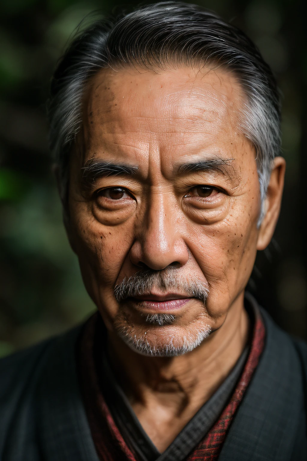 masterpiece, Handsome elderly samurai walking in jungle at night among fireflies, (High Detail: 1 1), rough face, Natural skin, hightquality, NSFW, beautidful eyes, (detailed faces and eyes), (faces: 1 2), Noise, extra, Real Photographics, .PSD, lamp film photography, foco nítido, Contrast lighting, detailedskin, High resolution 8K, Crazy details, realist, professional photograpy, 8K UHD, SLR camera, softlighting, hightquality, grain of film, FUJI XT3