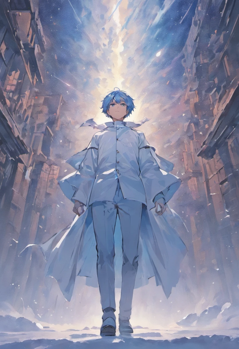 A man, dressed in white, stands on white ground, white space , looking up at the sky with intense fear and tension. Books are flying through the air, swirling around the person , Ink and watercolor painting , masterpiece, best quality, ultra-detailed, illustration