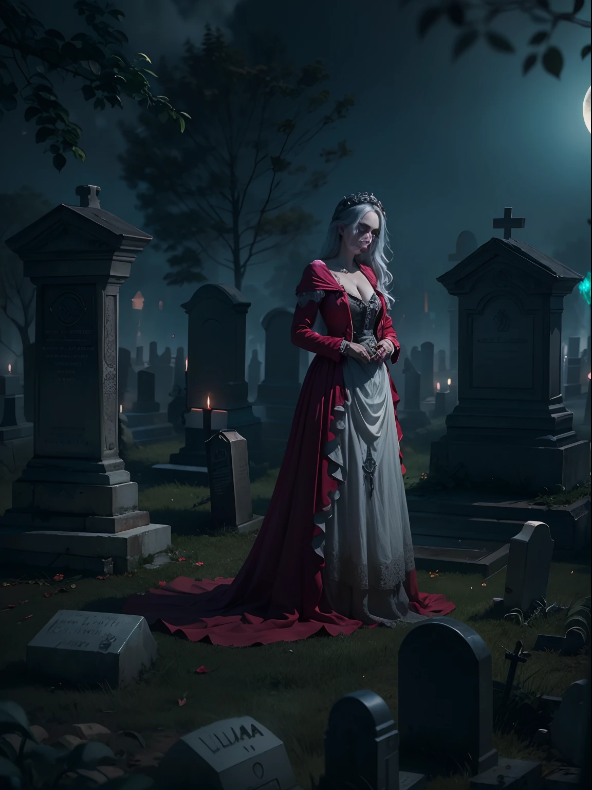 Noiva morta viva, vestido manchado de sangue, macabre cemetery scenery, em volta uma neblina sombria, em noite de lua cheia, imagem perfeita, realista, 8k