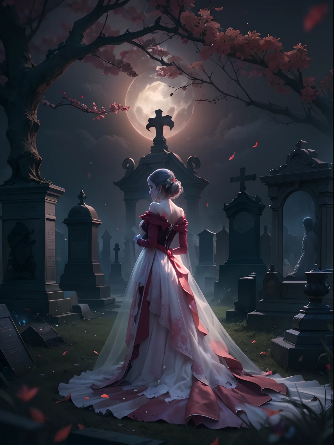 Noiva morta viva, vestido manchado de sangue, macabre cemetery scenery, em volta uma neblina sombria, em noite de lua cheia, imagem perfeita, realista, 8k