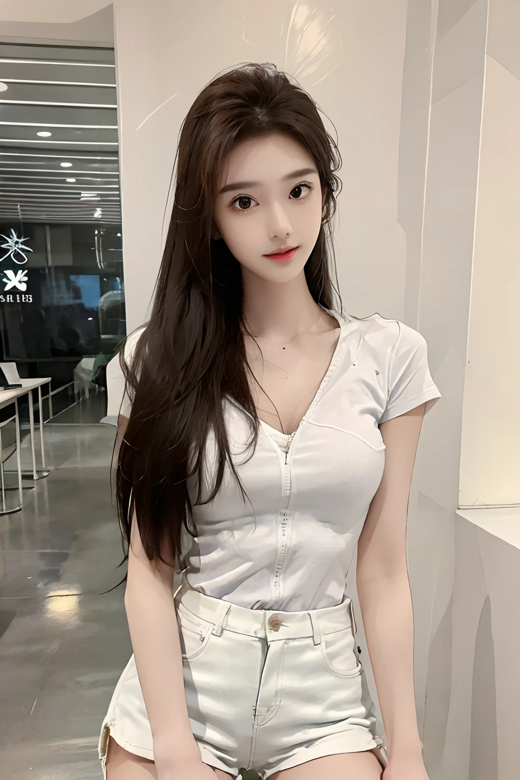 realistic, high resolution, 1 girl, long hair, korean,, loose white shirt, skinny denim shorts,, thighs, panties visible,