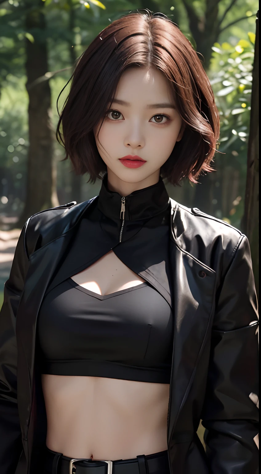 rage face,(a black trench coat:1.3) , ((best qualtiy, 8K, tmasterpiece: 1.3)), Sharp focus: 1.2, (layer cut, The large: 1.2), Beautiful Women in Perfect Figure: 1.4, Slender abs: 1.2, Get wet: 1.5, Very detailed face and skin texture, Detailed eyes, 二重まぶた, (Short burgundy hair:1.3),Among the woods