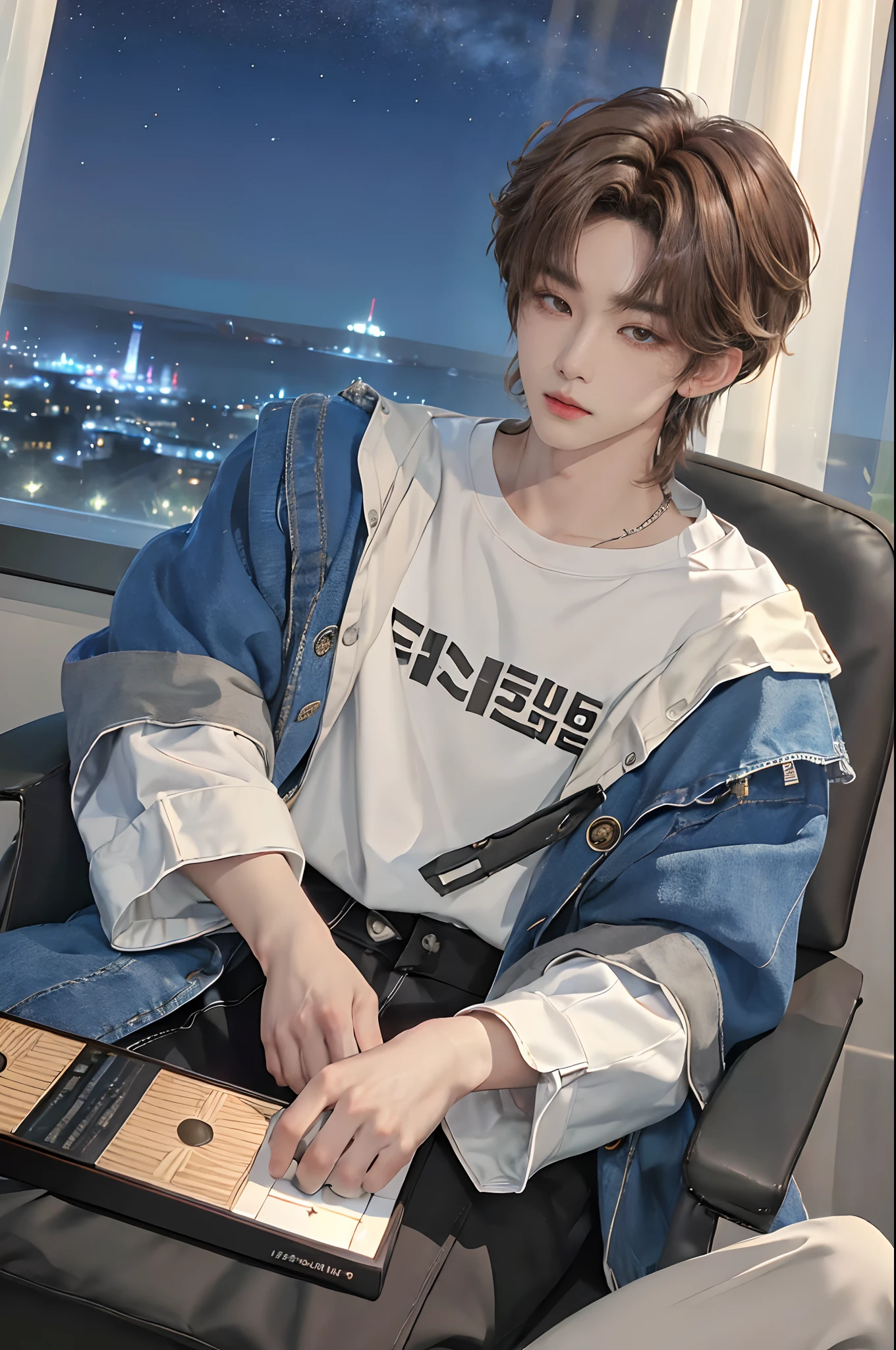((4K))、masterpiece、(top-quality)、((high-level image quality))、One Manly Boy、((Fashionable men's personal wear))、(Detailed beautiful eyes)、Stylish homeroom at night with a view of the night sky from the window、Sit in a gaming chair in front of your PC during gameplay、Face similar to Chaewon in Ruseraphim、((short hair above the ears))、((Smaller face))、((Neutral face))、((Light brown eyes))、((Korean boy))、((18year old))、((Handsome man))、((Wild look))、((Korean Makeup))、((elongated and sharp eyes))、((During game streaming))、((Looking at the PC))、((shot from a side angle))