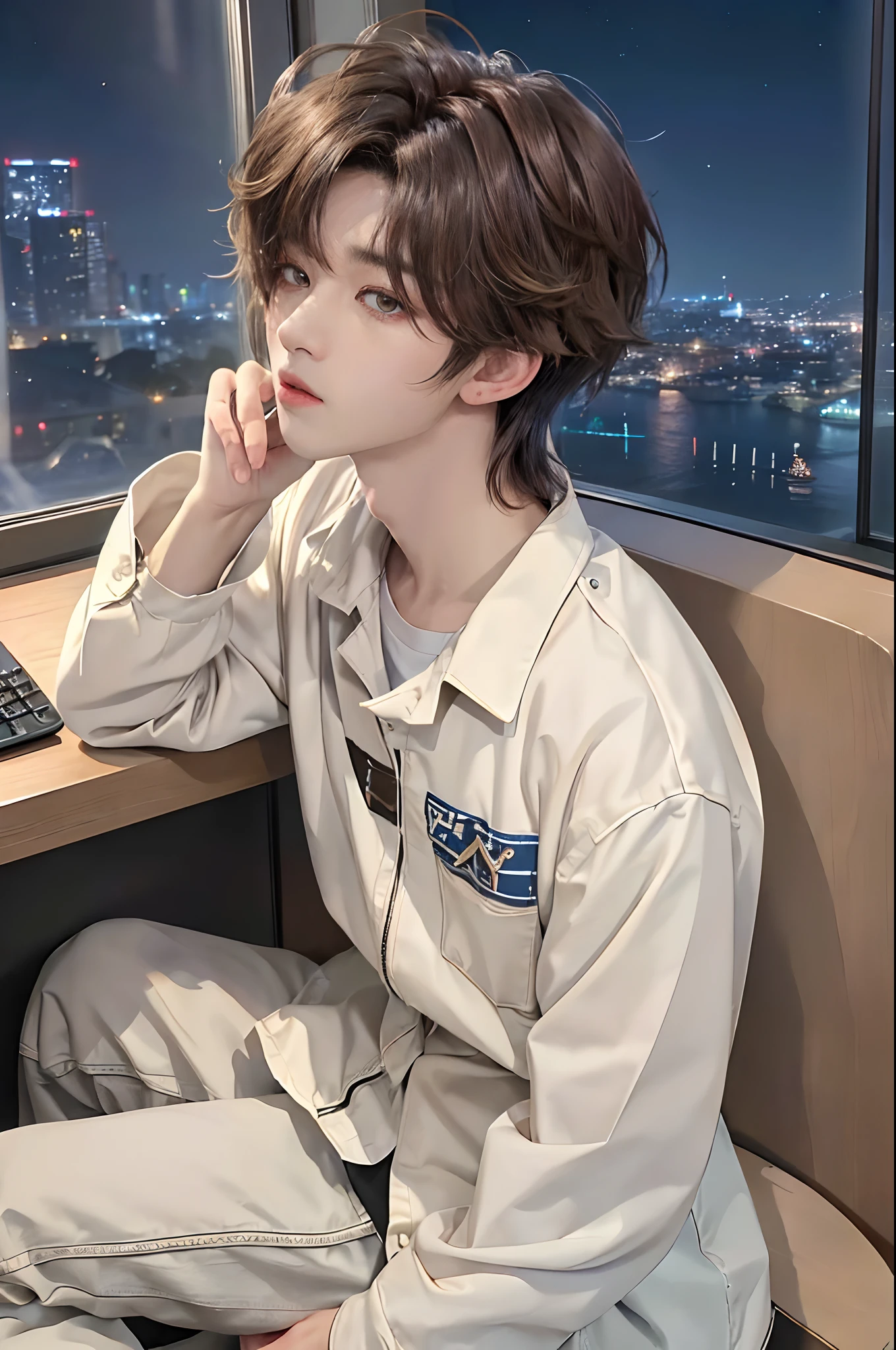 ((4K))、masterpiece、(top-quality)、((high-level image quality))、One Manly Boy、((Fashionable men's personal wear))、(Detailed beautiful eyes)、Stylish homeroom at night with a view of the night sky from the window、Sit in a gaming chair in front of your PC during gameplay、Face similar to Chaewon in Ruseraphim、((short hair above the ears))、((Smaller face))、((Neutral face))、((Light brown eyes))、((Korean boy))、((18year old))、((Handsome man))、((Wild look))、((Korean Makeup))、((elongated and sharp eyes))、((During game streaming))、((Looking at the PC))、((shot from a side angle))