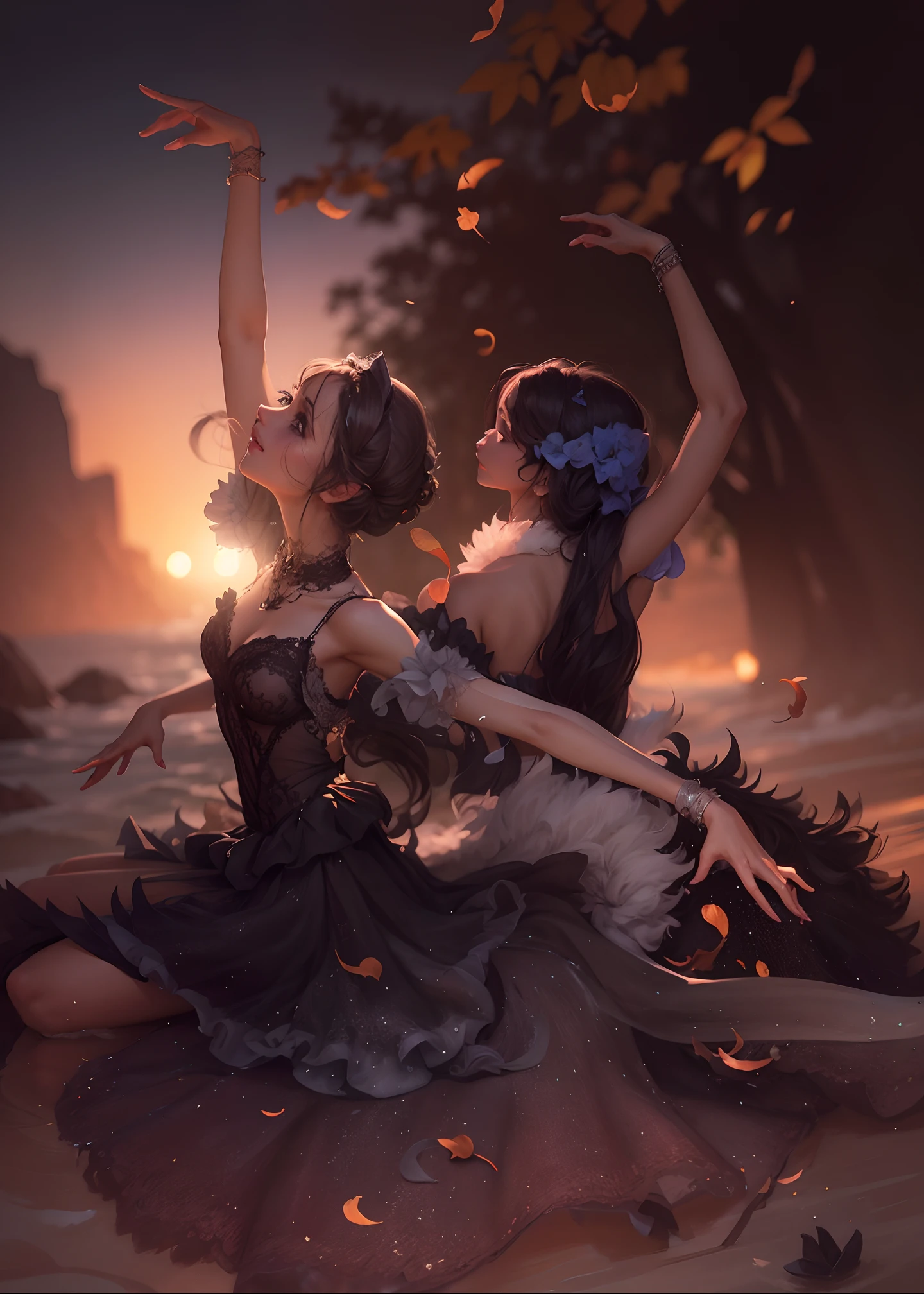 Filhas das trevas, garotas envolvida por sombras, asas, lago