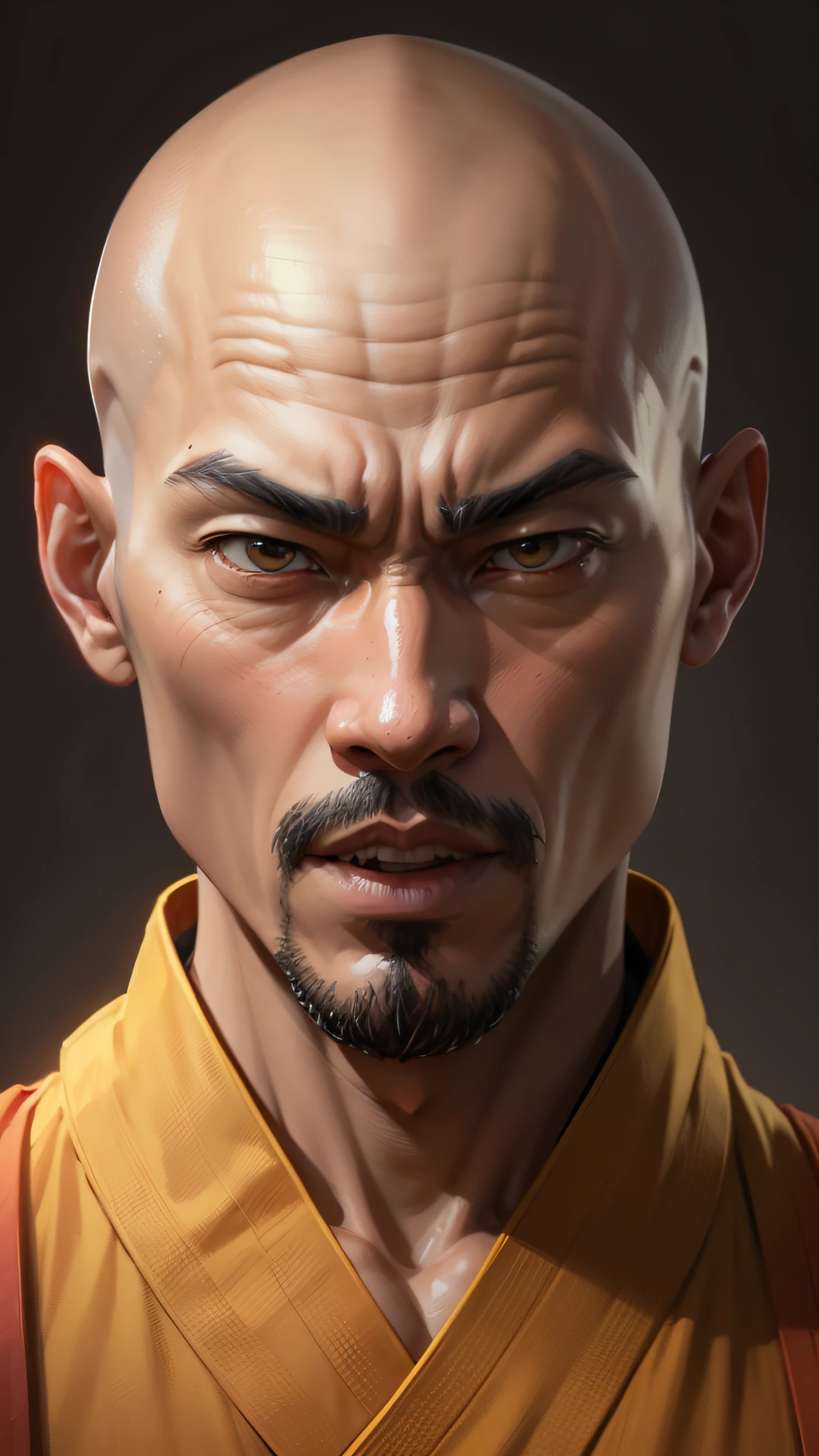 Close-up of a man with bald head and yellow robes, inspired by Wu Bin, 8K highly detailed face, No numbers, in the style of sifu 🔥 😎 🕹️ 👀 :2, as a character in tekken, 2 1 st century monk, Goku as an Asian, accurate ultra realistic faces, character from mortal kombat