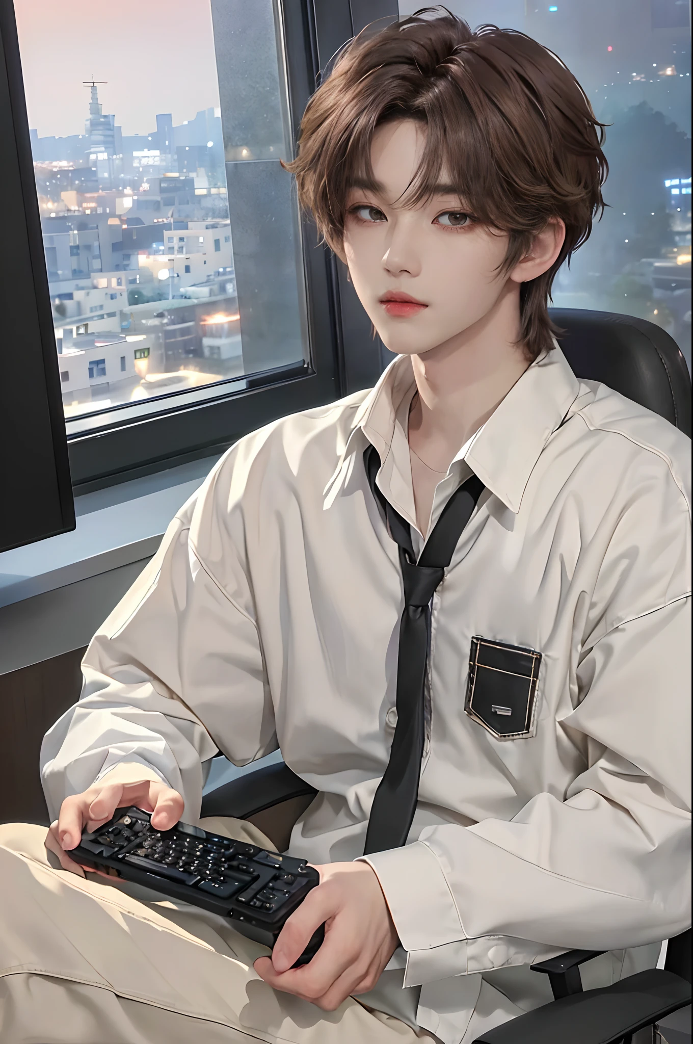 ((4K))、​masterpiece、（top-quality)、((high-level image quality))、One Manly Boy、((White Y-shirt and long black pants))、(Detailed beautiful eyes)、Stylish homeroom、Take a selfie while sitting in a gaming chair in front of your PC、Face similar to Chaewon in Ruseraphim、((short hair above the ears))、((Smaller face))、((Neutral face))、((Light brown eyes))、((Korean boy))、((18year old))、((Handsome man))、((Wild look))、((Korean Makeup))、((elongated and sharp eyes))、((Take a selfie))、((Selfie near the face))、((Upper body photography))