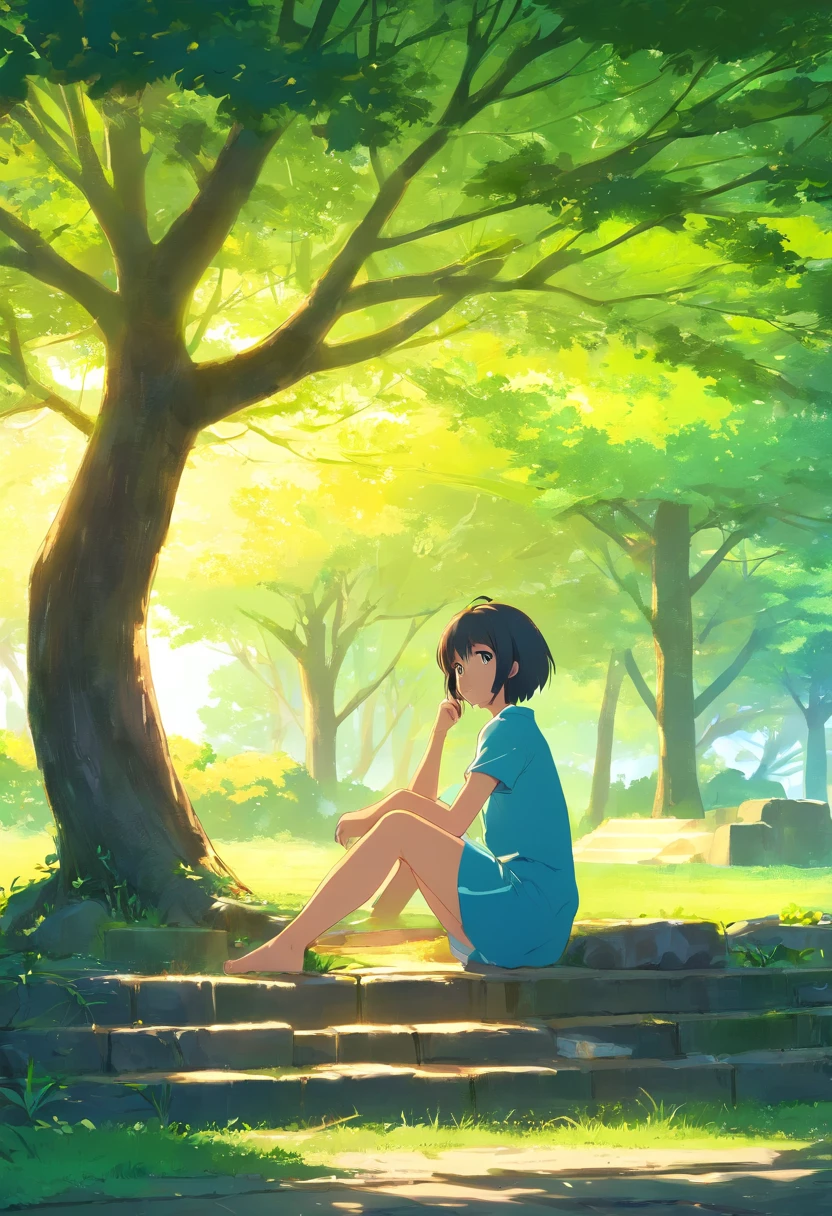 a girl sitting under the tree