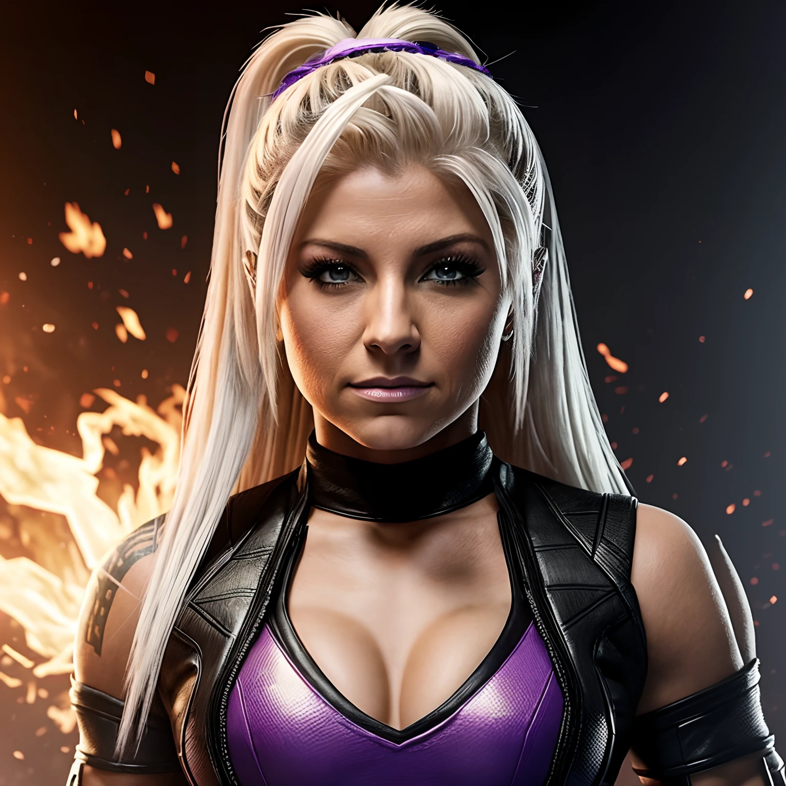 Female superstar Alexa Bliss WWE is ready to fight the Mortal Kombat Outworld Hyperrealistic background scene.......