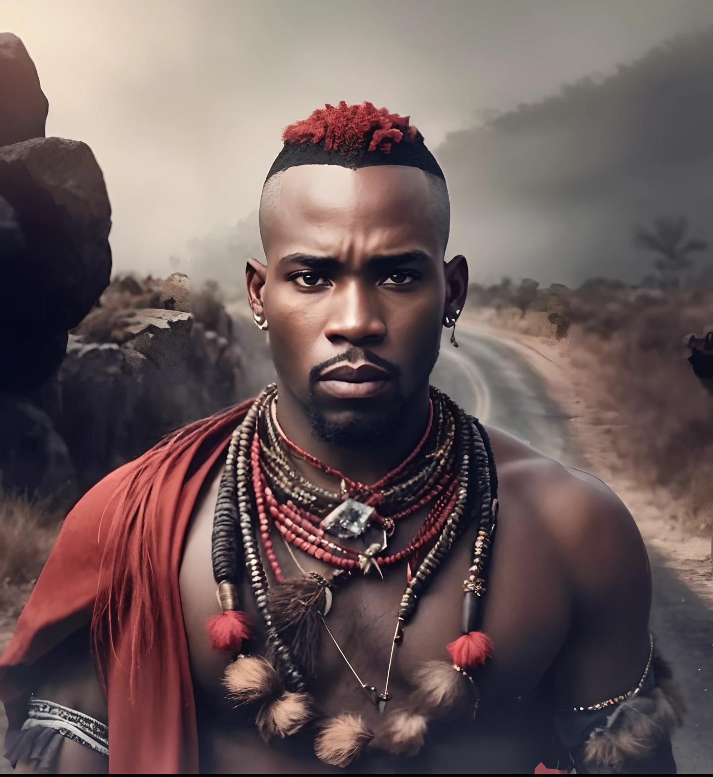 Extremely perfect cinematic hyperrealistic image of a man with red hair and a red scarf in the middle of a road, Penteado Himba, Himba, Homem Africanoo, Guerreiro Maasai, indigenous man, man is with black skin, Rosas Zulu, Pano Distante, retrato Africanoo Jesse Pinkman, Africano, Directed by: Edwin Georgi, homem bonito, imagem de um guerreiro masculino adulto, Retrato de um guerreiro,  16k, highes definition, rosto detalhado, rosto detalhado, olhos detalhados, terno detalhado, estilo DC, hiper-realista, + Cinematographic shot + dynamic compositing, incrivelmente detalhado, nitidez, detalhes + detalhes soberbos + noite com luz + perfeccionismo + realismo premiado ((soft-lighting))
