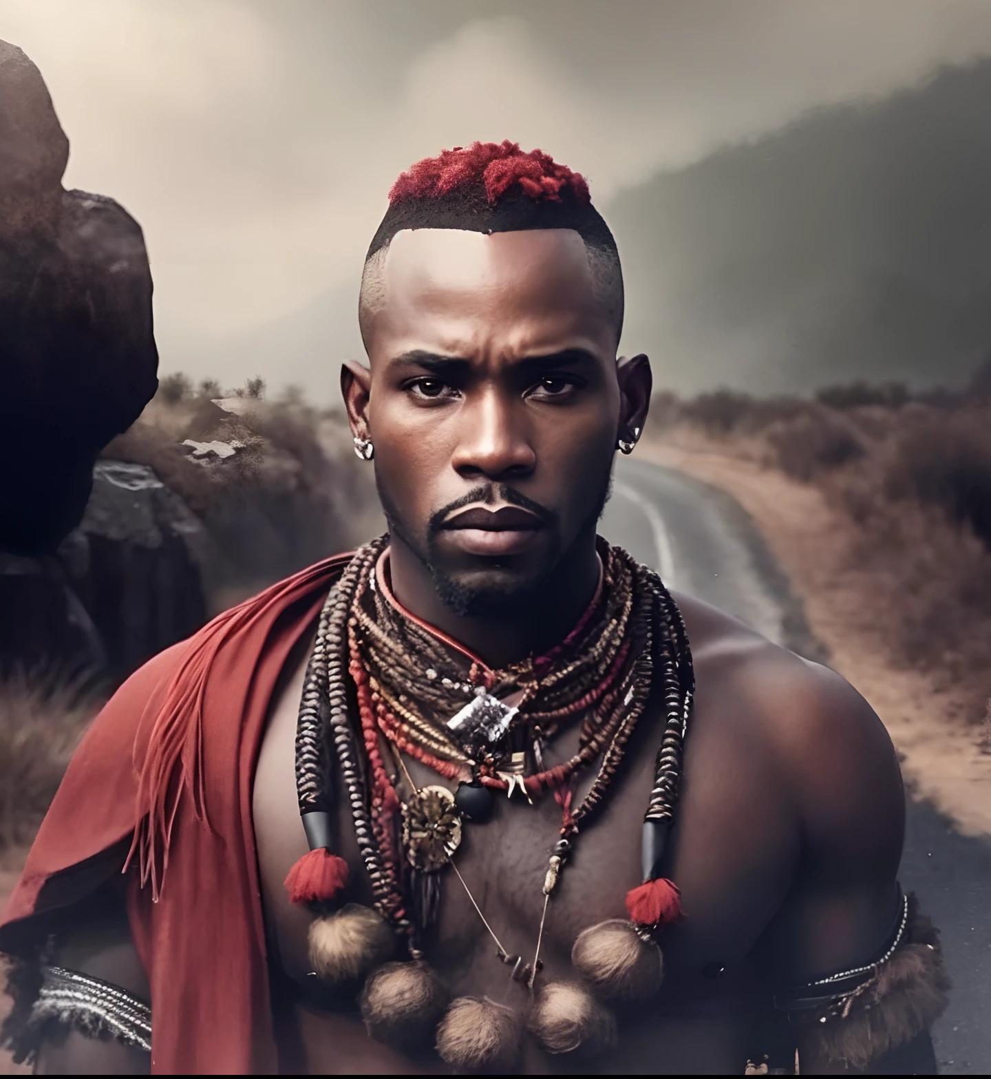 Extremely perfect cinematic hyperrealistic image of a man with red hair and a red scarf in the middle of a road, Penteado Himba, Himba, Homem Africanoo, Guerreiro Maasai, indigenous man, man is with black skin, Rosas Zulu, Pano Distante, retrato Africanoo Jesse Pinkman, Africano, Directed by: Edwin Georgi, homem bonito, imagem de um guerreiro masculino adulto, Retrato de um guerreiro,  16k, highes definition, rosto detalhado, rosto detalhado, olhos detalhados, terno detalhado, estilo DC, hiper-realista, + Cinematographic shot + dynamic compositing, incrivelmente detalhado, nitidez, detalhes + detalhes soberbos + noite com luz + perfeccionismo + realismo premiado ((soft-lighting))