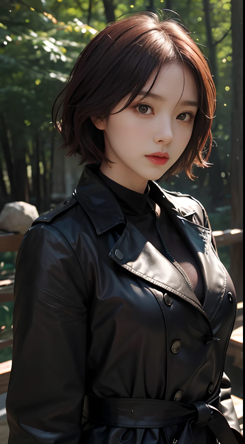rage face,(a black trench coat:1.3) , ((best qualtiy, 8K, tmasterpiece: 1.3)), Sharp focus: 1.2, (layer cut, The large: 1.2), Beautiful Women in Perfect Figure: 1.4, Slender abs: 1.2, Get wet: 1.5, Very detailed face and skin texture, Detailed eyes, 二重まぶた, (Short burgundy hair:1.3),Among the woods