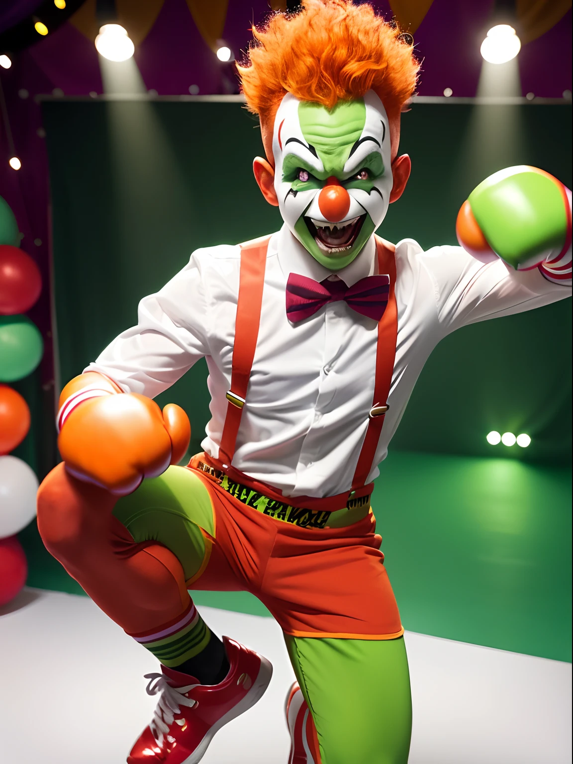 1man, alien, cartoon, clown costume, red clown nose, cartoon eyes, evil clown, curly orange hair, green eyes, yellow teeth, large boxing gloves, circus tent backdrop, masterpiece, best quality, male focus, short body, jumping, evil grin, villain, wacky atmosphere, green Mohawk, green skin, midget, white clown makeup, (red boxer shorts), solo, full body, cowboy shot, (bow tie), short body, dynamic fighting stance pose, standing, socks, clown shoes, white shirt