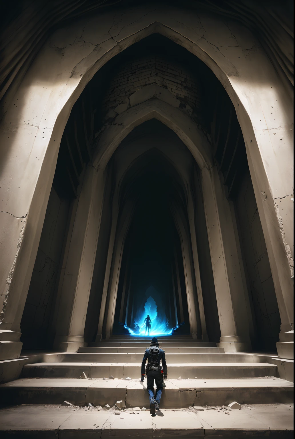 Un homme monte les escaliers dans une grotte, From stairs from hell to heaven, hell scape, Travel through hell, Portal to Hell, Hors des flammes, Portal to Hell, Escalier vers le ciel, Portal to Hell, Surreal Hell, Portal to Hell, Tenez-vous en enfer, Complexe、Epic composition, Incredibly epic visuals, Context of hell,Squelette,A skeleton collapses on the road