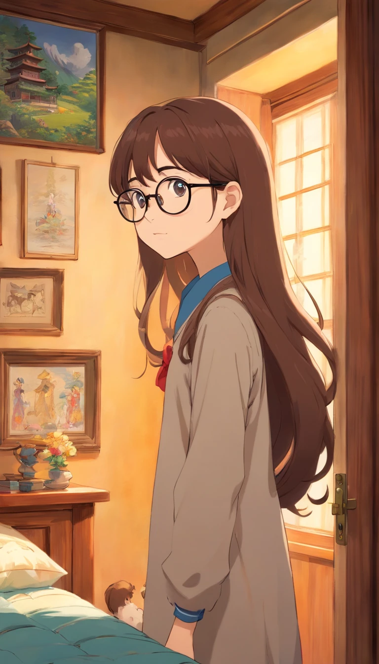 a girl with long brown hair and glasses facing the wall in a bedroom
