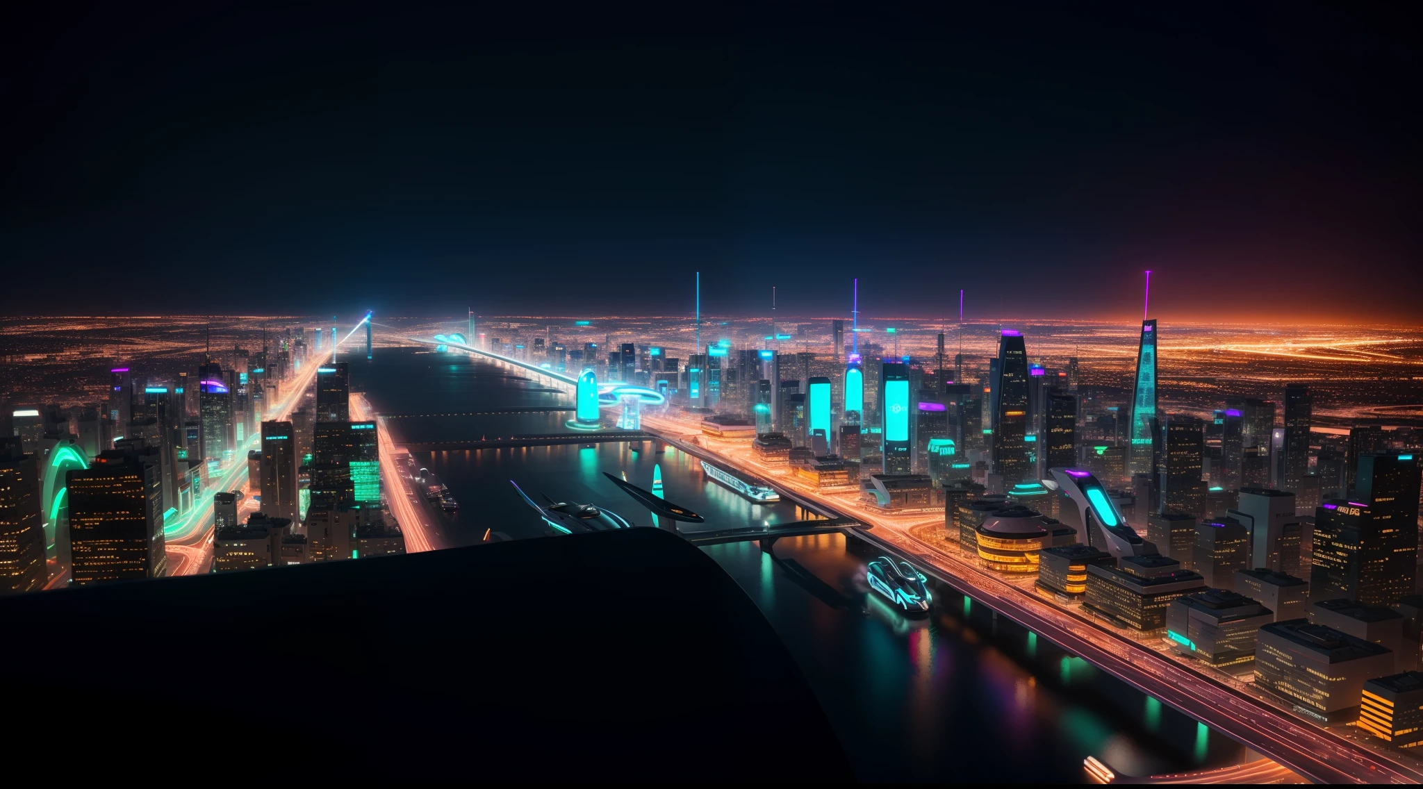 futuristic cities,telephoto,flying car,Neon light,Looking from a distance,Megalopolis,Hyperloop