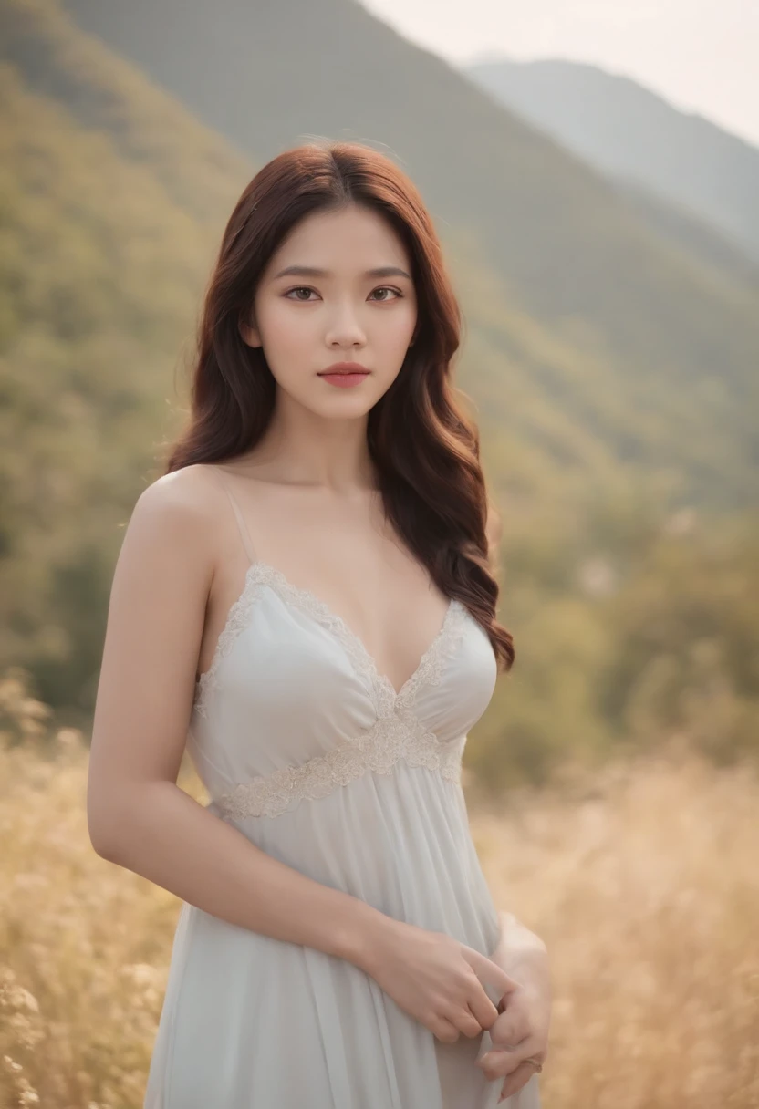 1 Beautiful Girl, full bodyesbian, Standing photo,, Stand in front of the mountain. , Black hair, Wavy hair, Masterpiece, Diffuse flex lighting, portrait of a, Best Quality (perfect faces:1.4), Very realistic and very detailed., Intricate, realistic simulation-style photography，fully naked. It looks like a lot of intrigue., Korean Girl