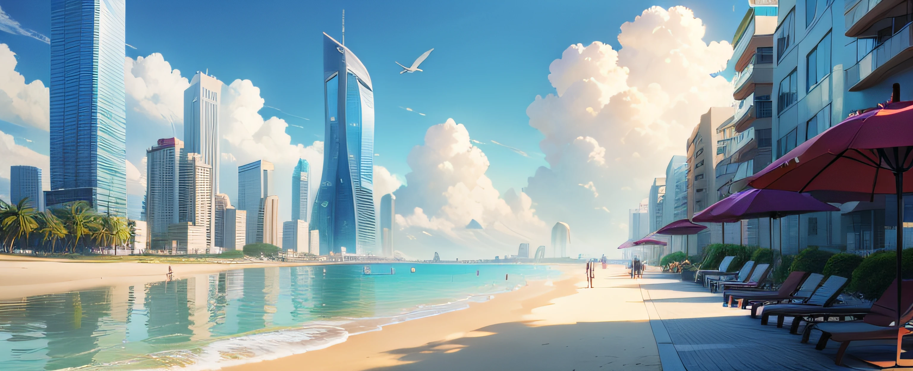 beautiful anime scenery，author：Shinkai sincerely ,City, Skyscrapers ,  Beach , Summer , Umbrella , Sky , Day, , Sun , Breeze