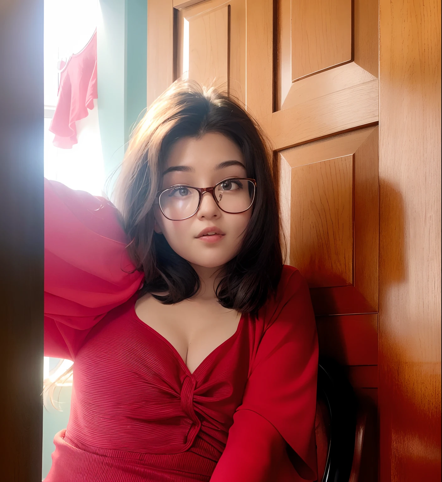 there is a woman wearing glasses and a red dress posing for a picture, with glasses, taken with sony alpha 9, with square glasses, selfie of a young woman, wearing a red outfit, wearing a red dress, with glasses on, with cute doting eyes, wearing red tainted glasses, mid shot portrait, thick glasses, lofi portrait at a window