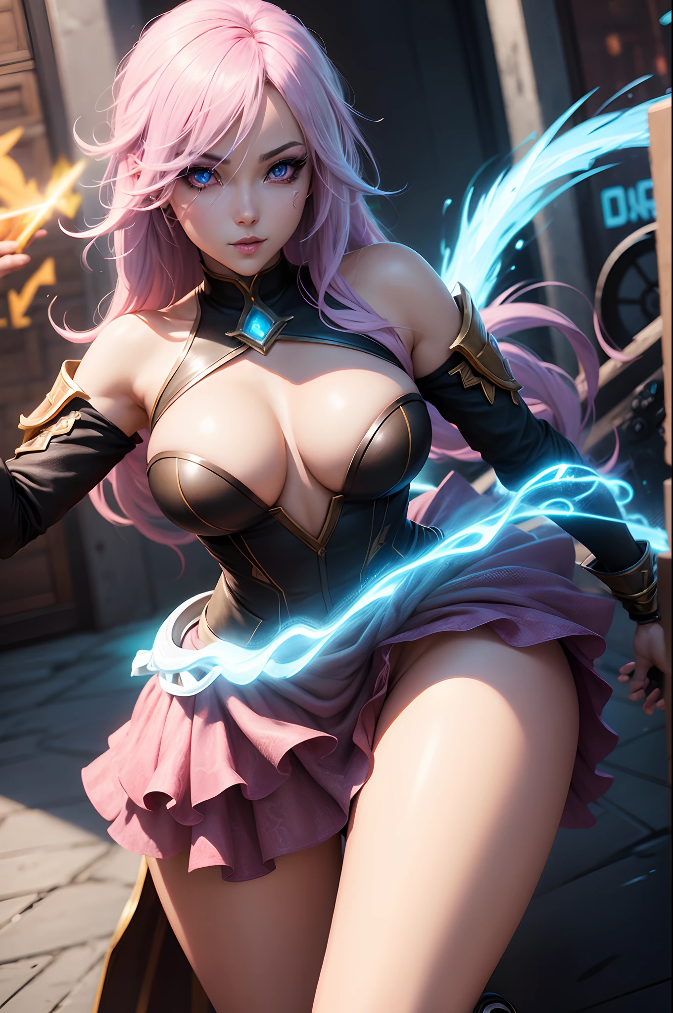 Female anime character, Ashe, from the game League of Legends, LOL, POV, artistic battle stance, anime outfit, makeup, subtle smile, dilated pupils, ultra-high detail, glow, social media composition, motion lines, surrealism, UHD, masterpiece, anatomically correct, super detailed, Granted, top quality