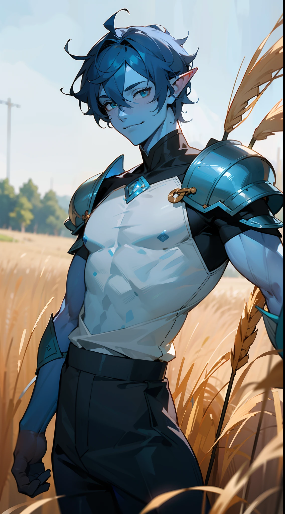 1water spirit boy,tall,muscles,20s,solo,((blue skin)),happy face,white shirt,black pants,armor,blue hair,medium hair,sexy pose,green eyes,elve ear,standing on a rural road with wheat,feeling of depth,masterpiece,hd,best quality,8k,cowboy shot,
