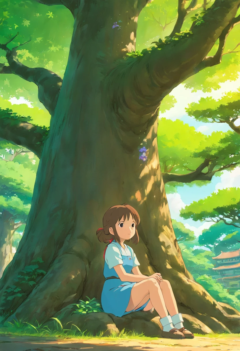 a girl sitting under the tree