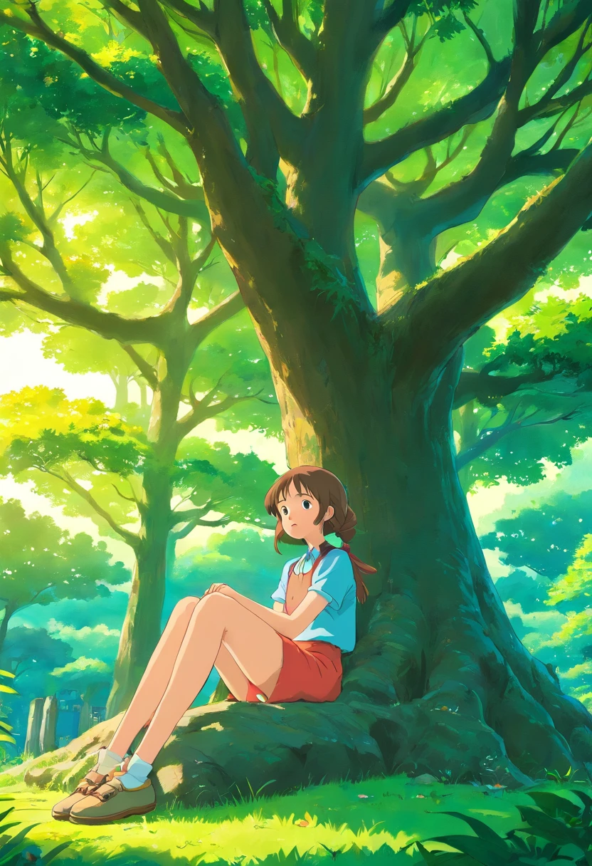 Naked girl, masterpiece, alone, in front of a tree, at sunset